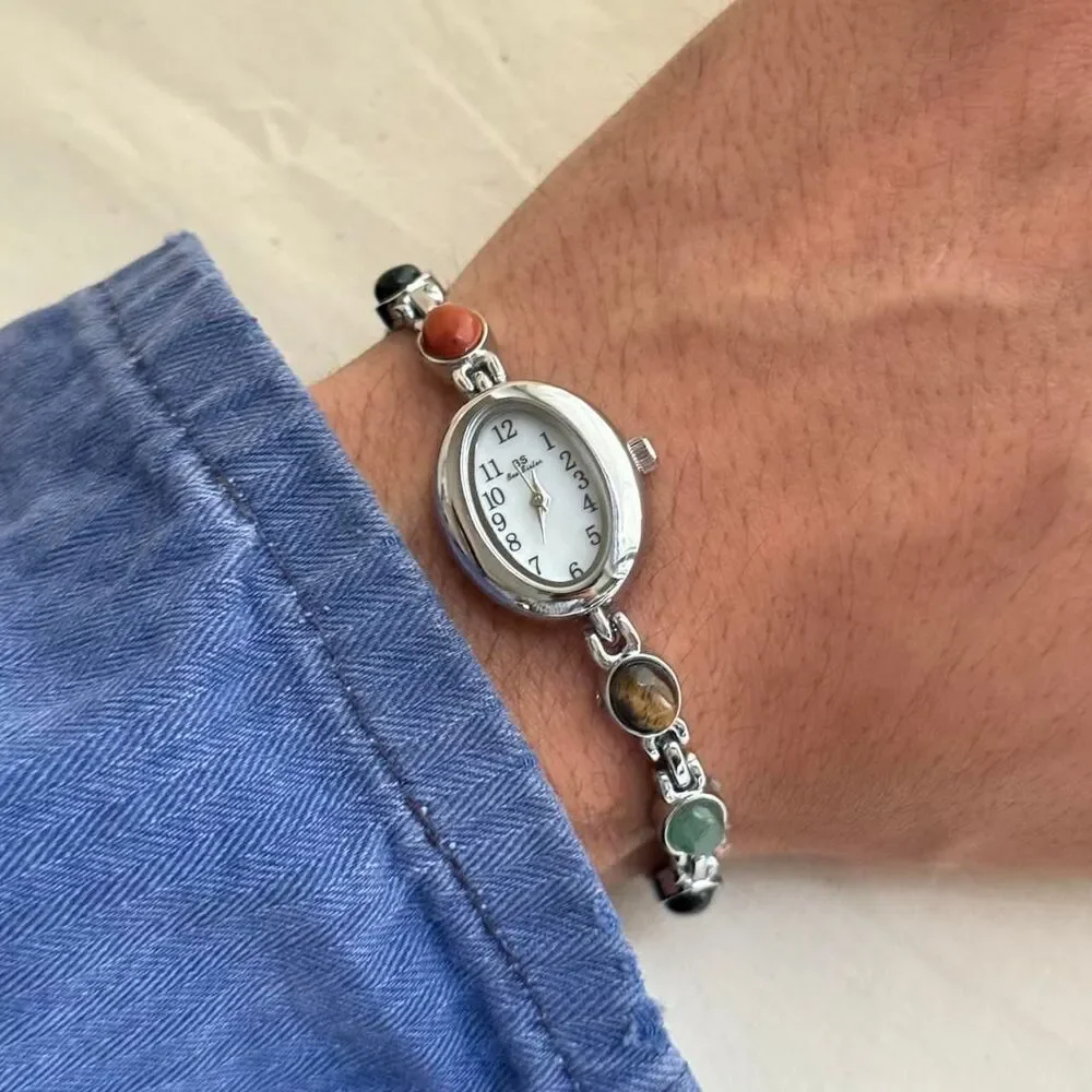 y2k silver round stainless steel quartz multi color stone charm watch